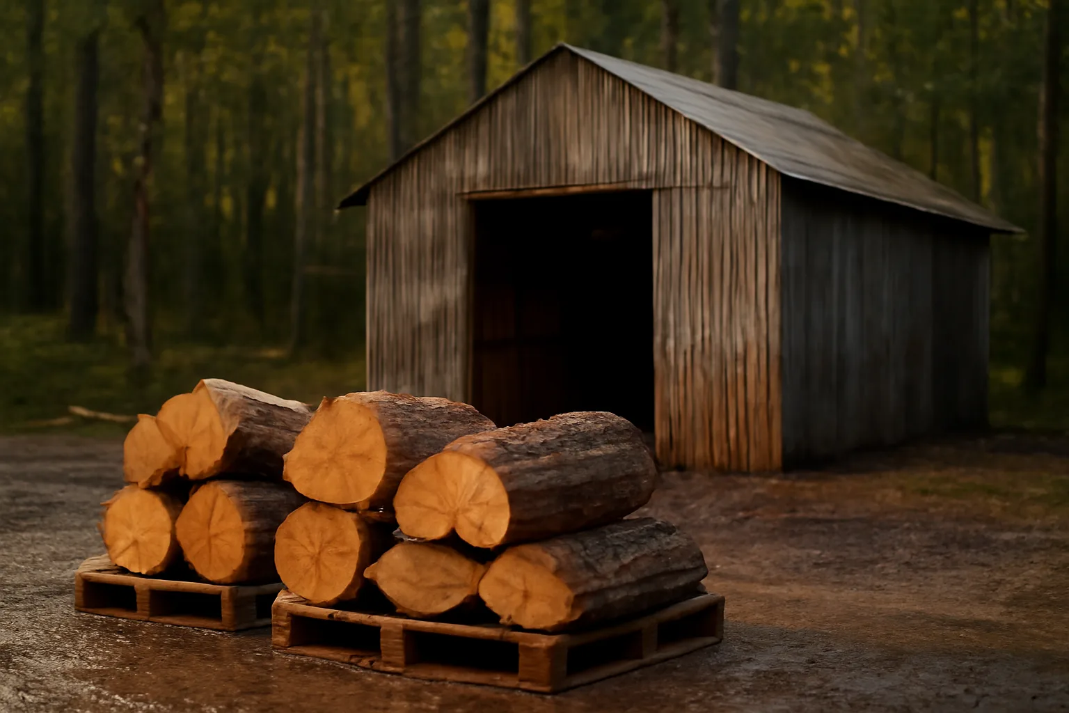 Split oak on pallets beside a metal kiln shed after rain