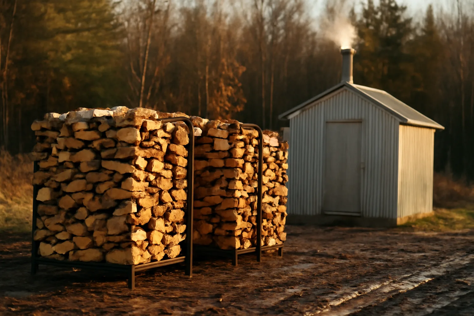 Split oak stacked beside a rural shed kiln for kiln firewood