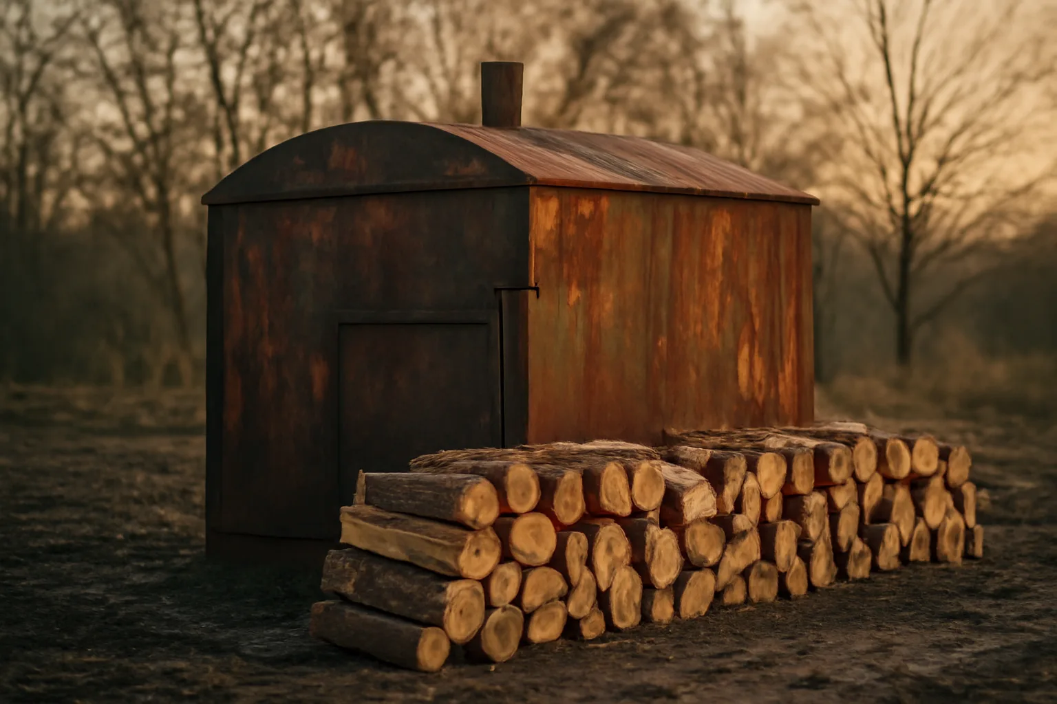 Steel kiln beside stacked kiln firewood in a muddy farmyard