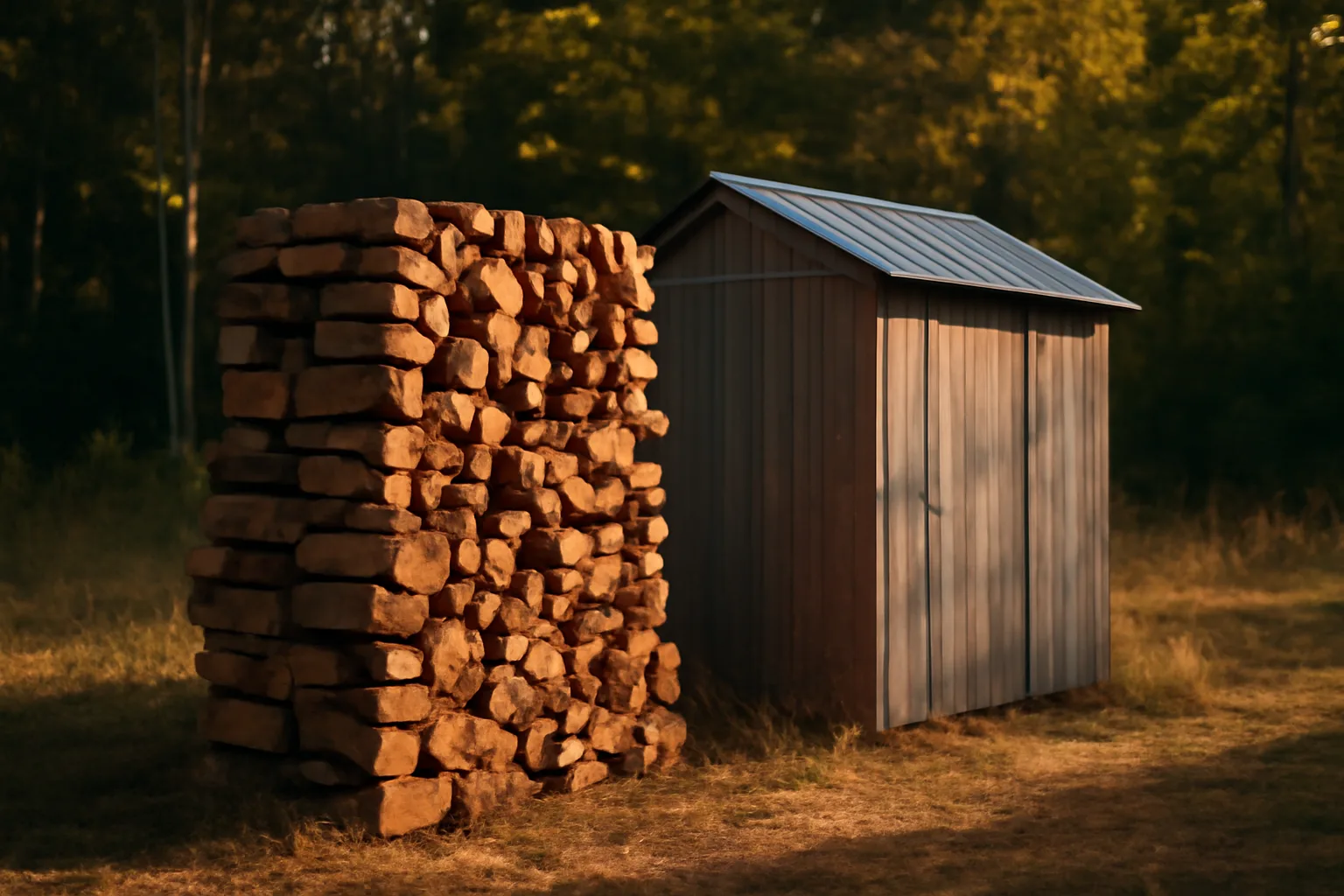 Kiln firewood stacked beside a small metal drying kiln