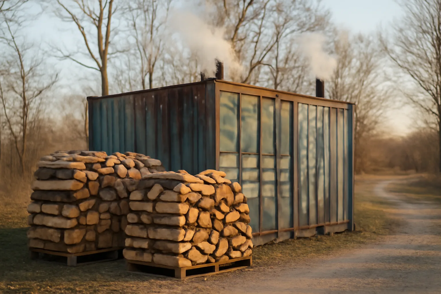 Kiln firewood stacked beside a steel drying kiln in autumn