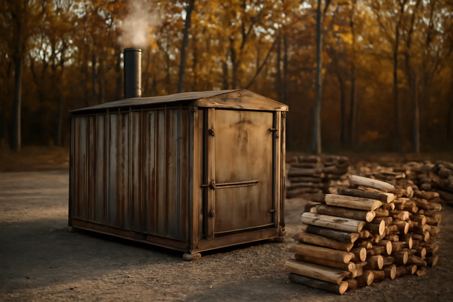 Kiln container and stacked kiln firewood in a gravel hardwood yard