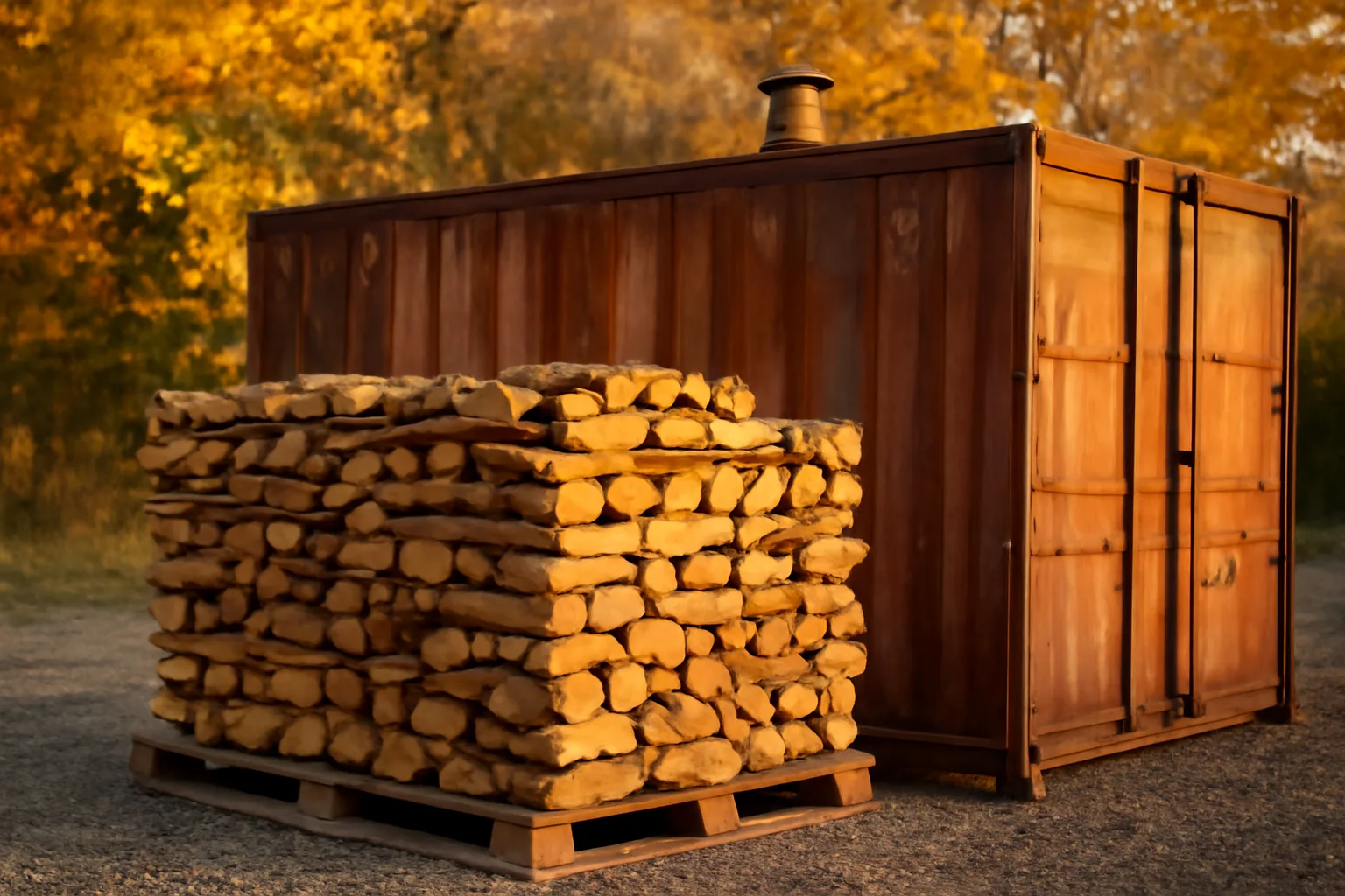 Stacked split hardwood beside a steel kiln at golden hour