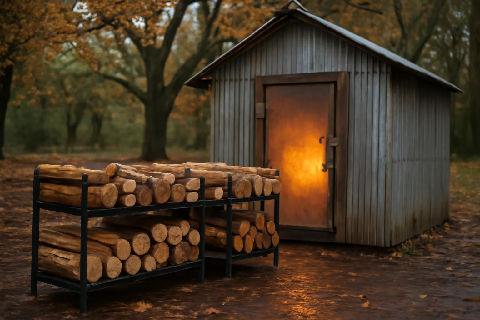 Split kiln firewood on steel racks beside a metal kiln shed