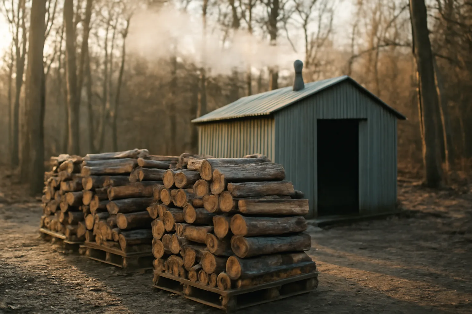 Split oak stacked beside a metal firewood kiln in winter light