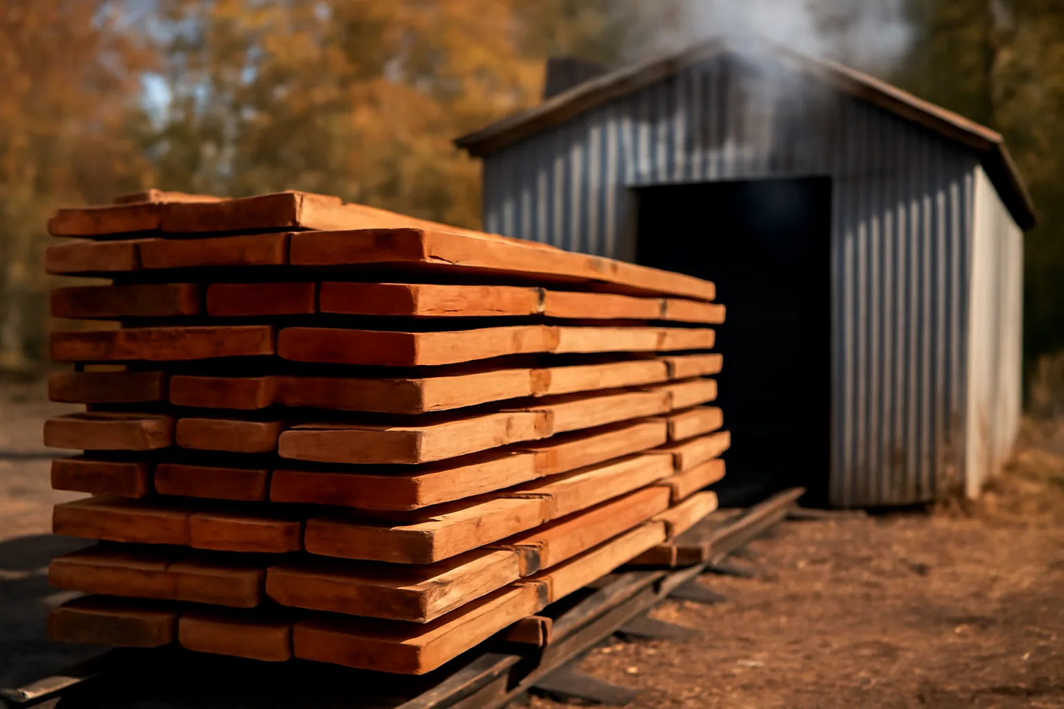 Split oak stacked beside a metal kiln at a woodlot edge
