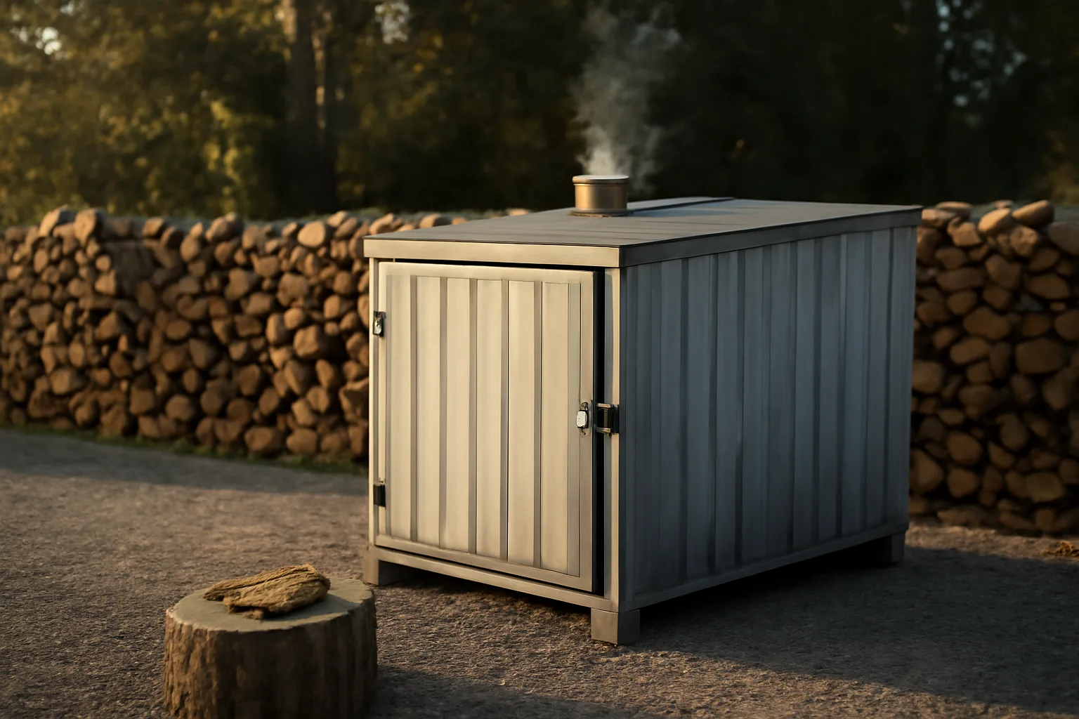 Steel kiln and split oak stacked in a gravel firewood yard