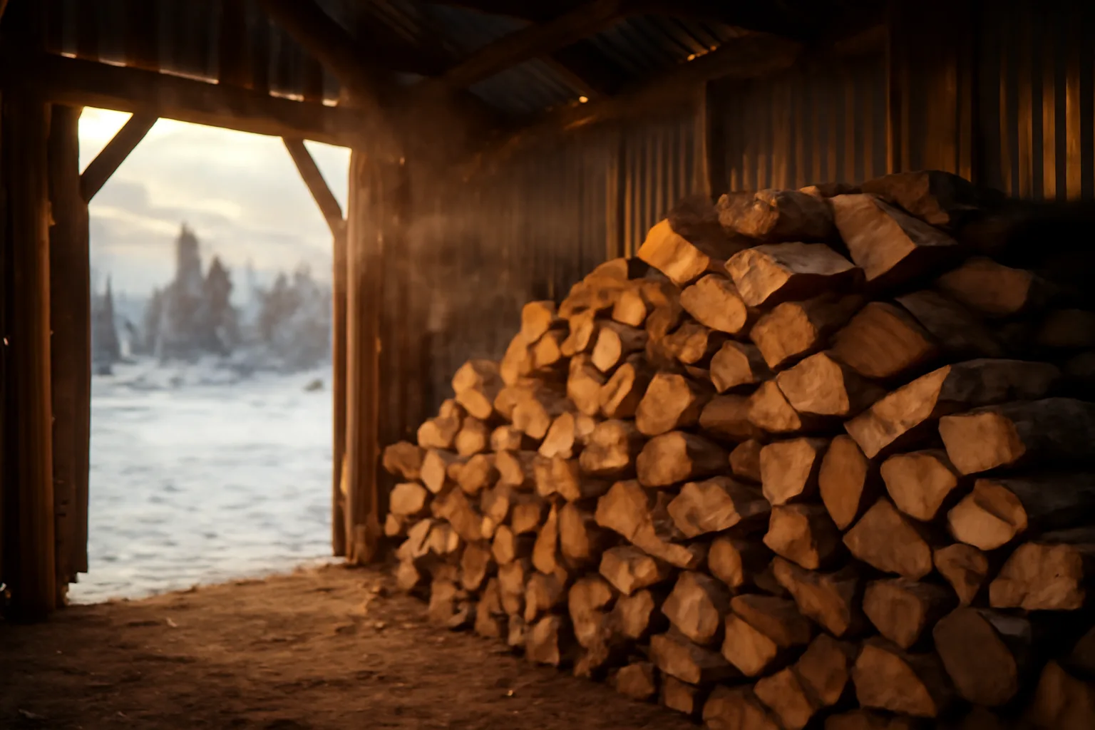 Split birch logs stacked inside a small kiln shed in Alaska winter light