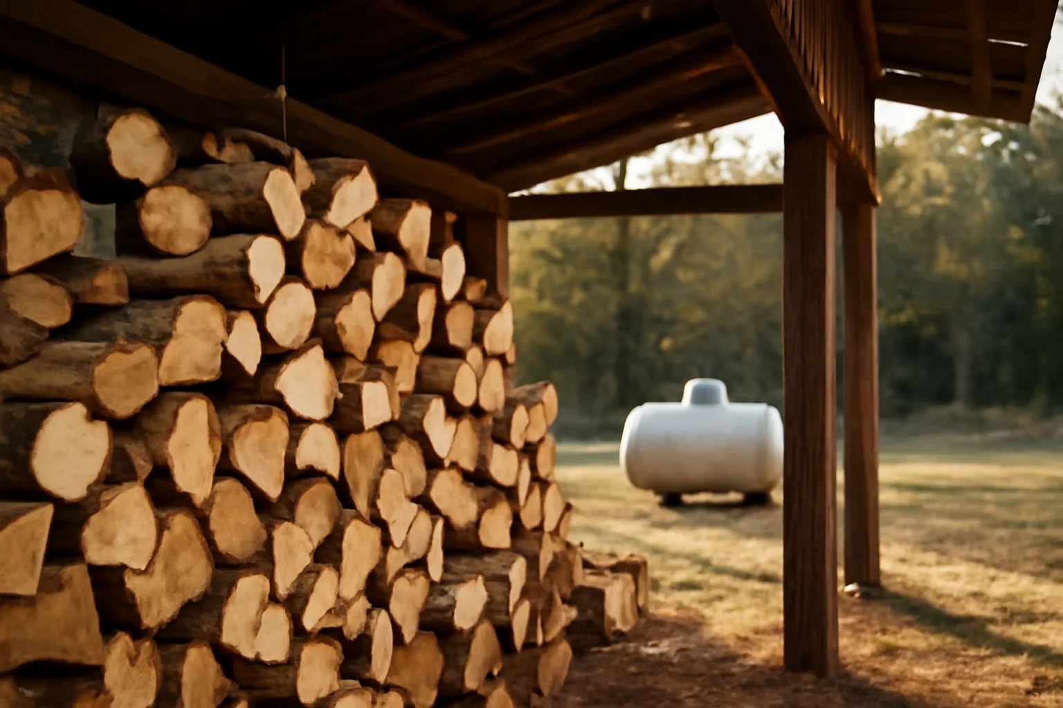 Split oak firewood stacked in an Alabama barn with a kiln visible behind it