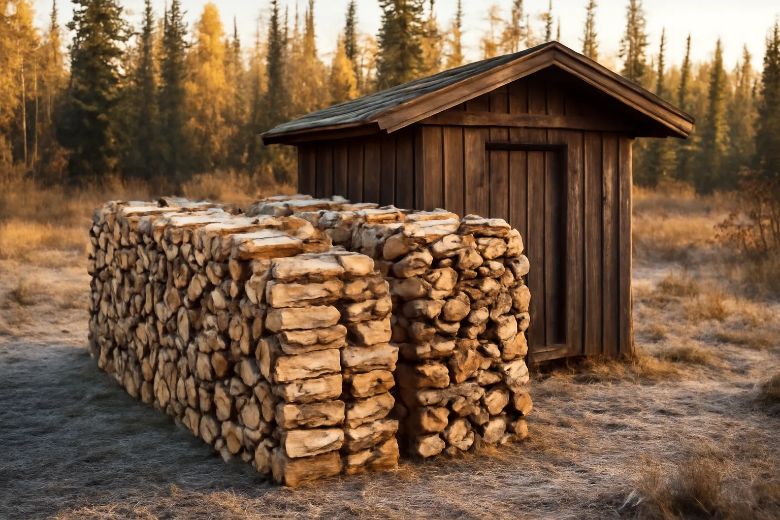 Stacked kiln-dried birch firewood beside a small kiln shed in an Alaska forest clearing