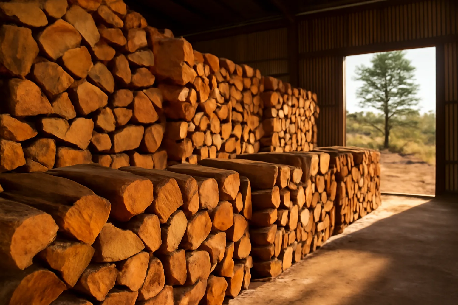 Stacked split firewood inside a commercial kiln facility in Arizona desert landscape