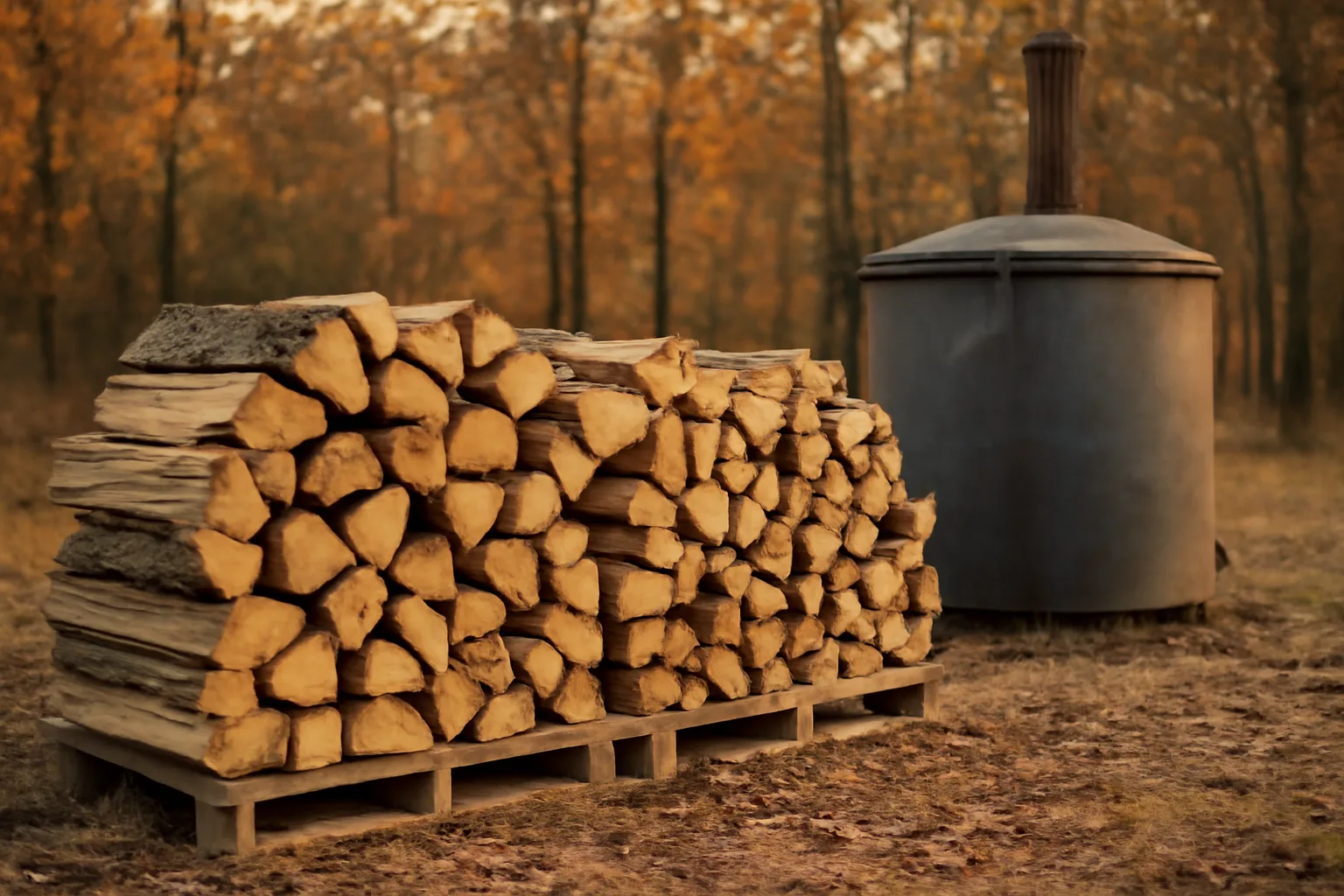 Split hardwood firewood stacked on pallets next to a small kiln in Arkansas woods