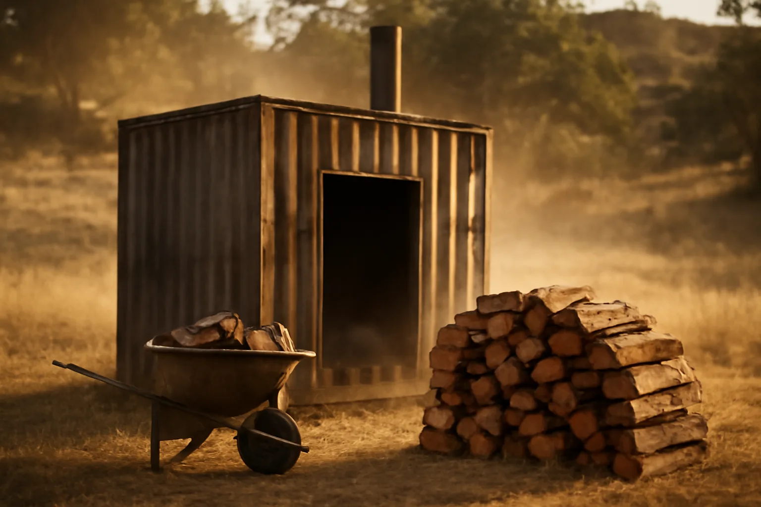 Split oak stacked beside a metal kiln in California foothills
