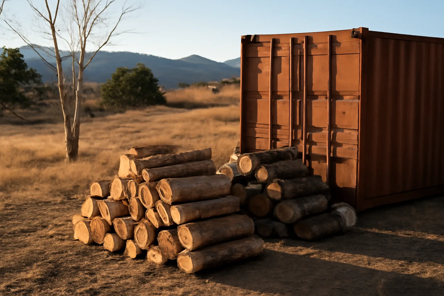 Split pine stacked by a steel kiln on a Colorado foothills lot