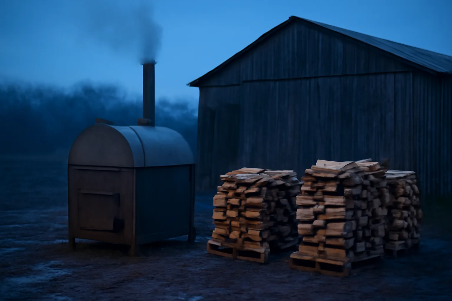 Split hardwood stacked beside a steel kiln on a Delaware farm