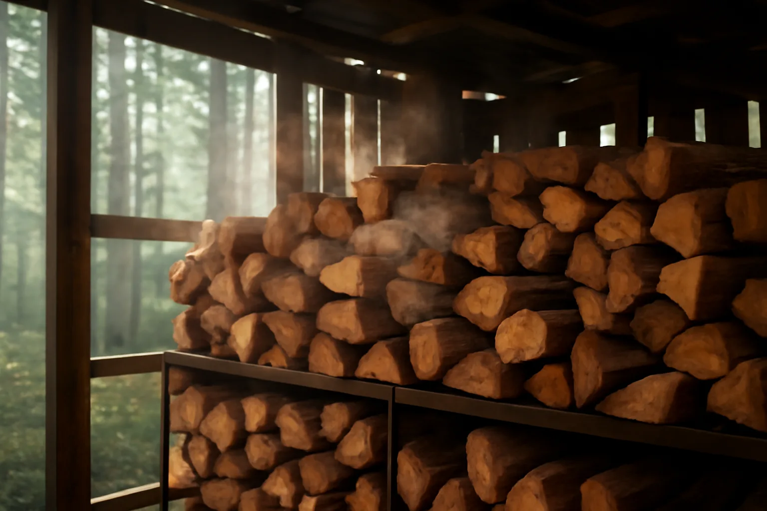 Split oak firewood stacked inside an open kiln shed with Alabama forest in background