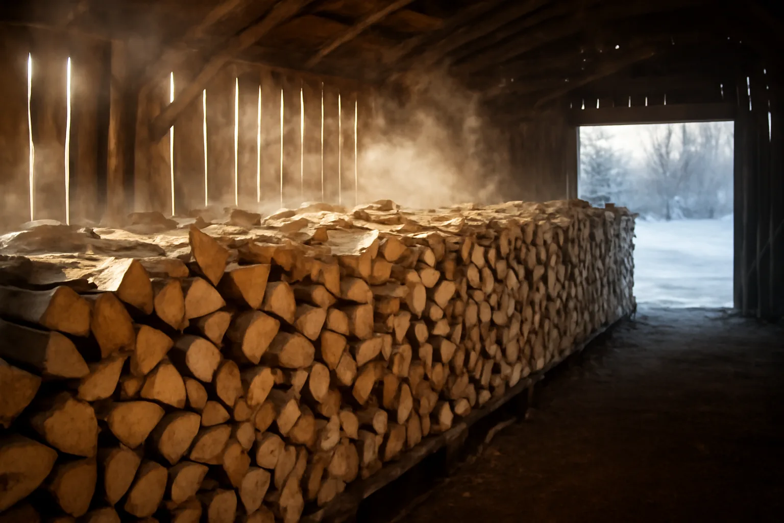 Stacked birch firewood drying inside a kiln shed in interior Alaska