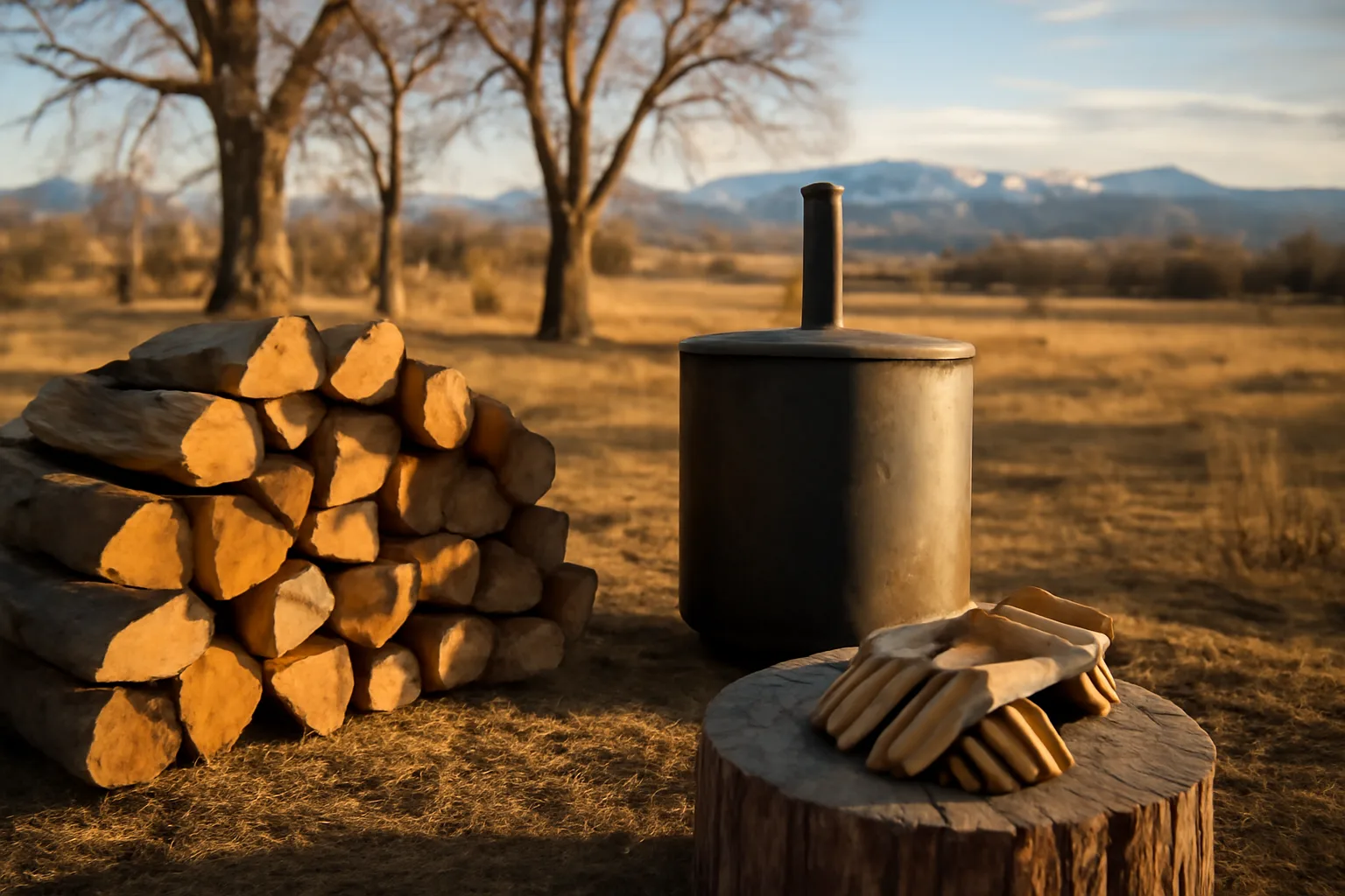 Split kiln firewood stacked beside a metal kiln in Colorado