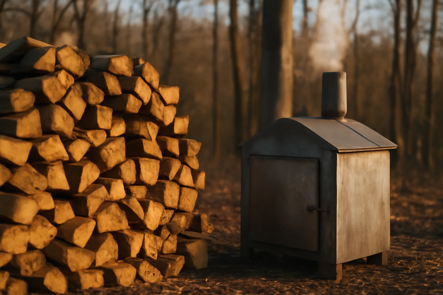 Split kiln firewood stacked by a metal kiln in Connecticut woods