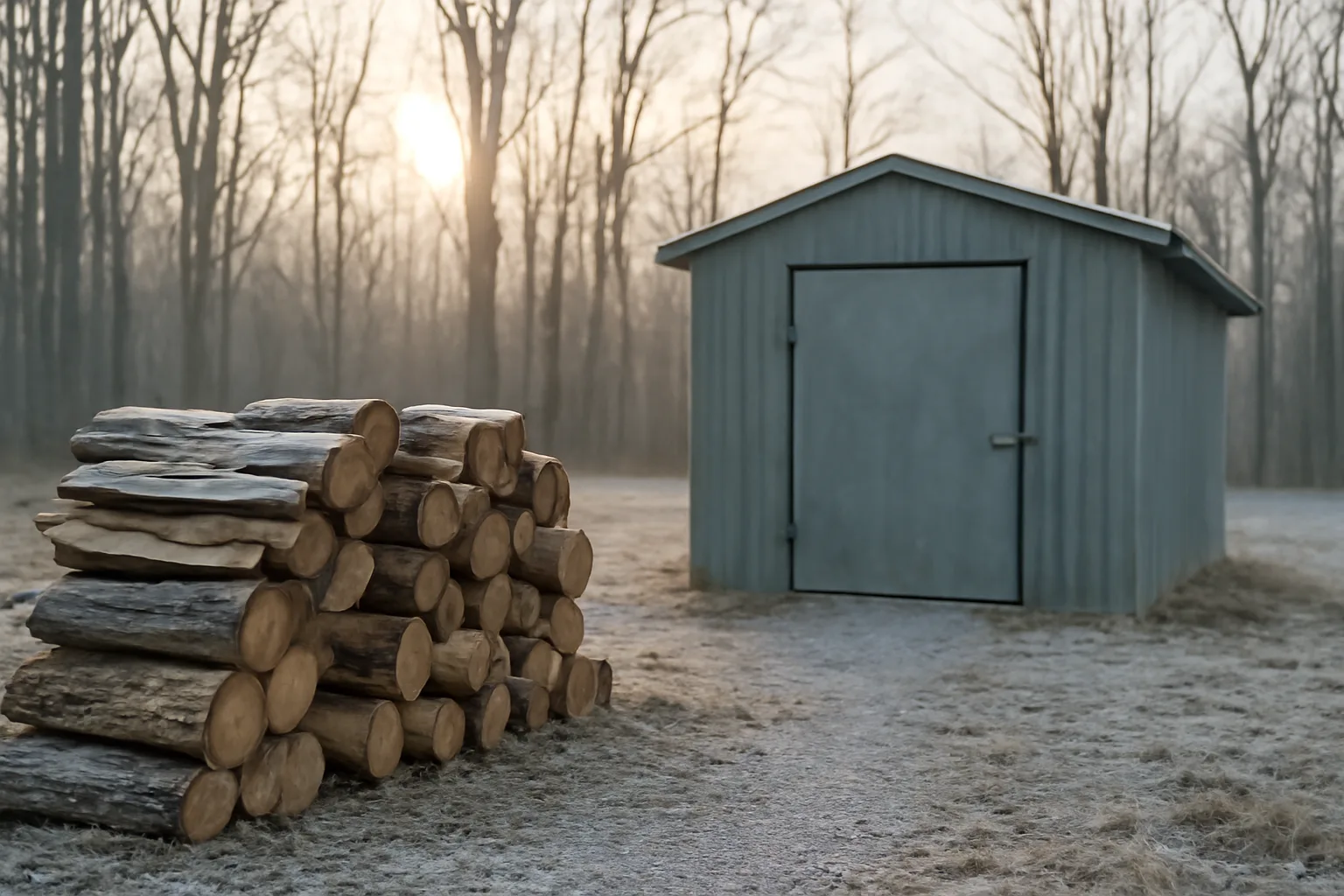 Stacked oak firewood beside a metal kiln shed in rural Indiana