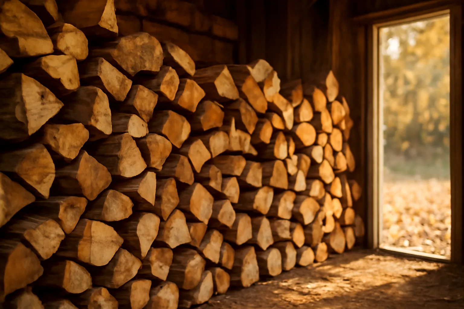 Kiln-dried oak firewood stacked inside a weathered Alabama storage shed in autumn light