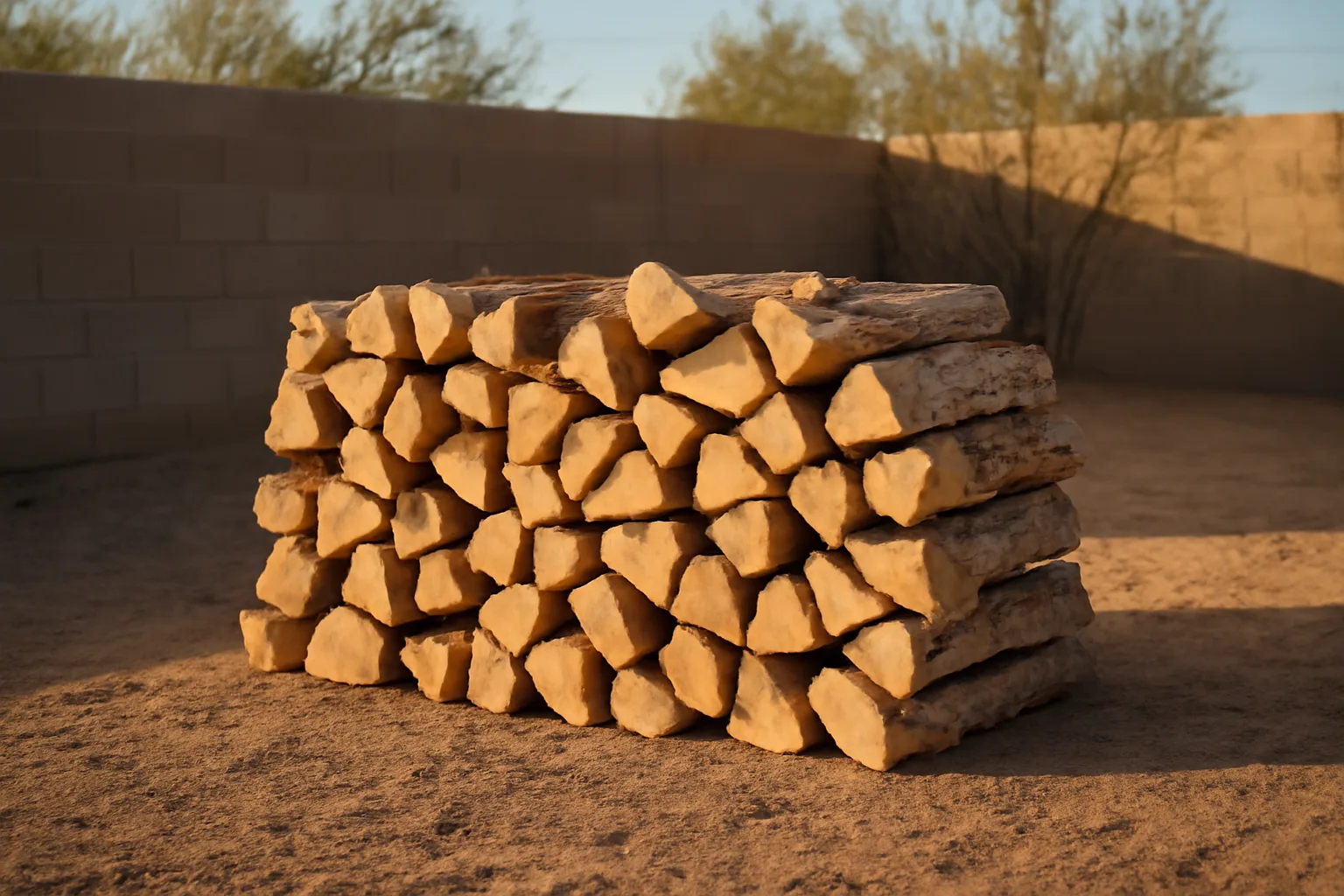 Stacked split mesquite kiln firewood in an Arizona backyard in afternoon light