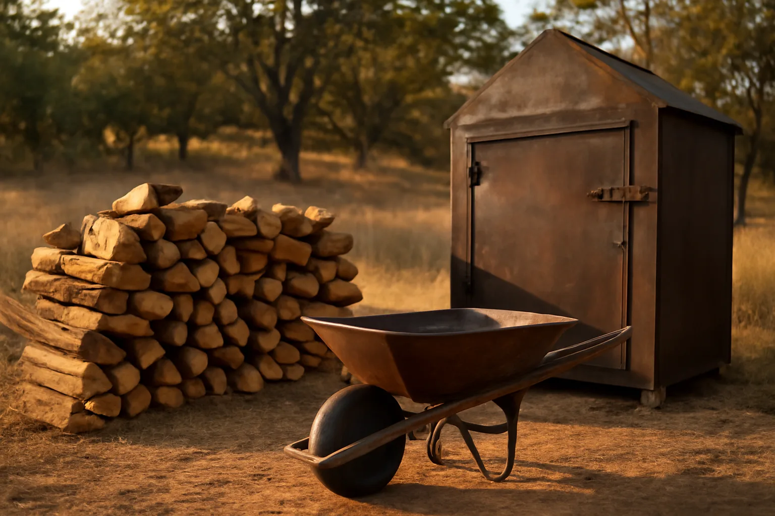 Split oak stacked beside a steel kiln in California foothills