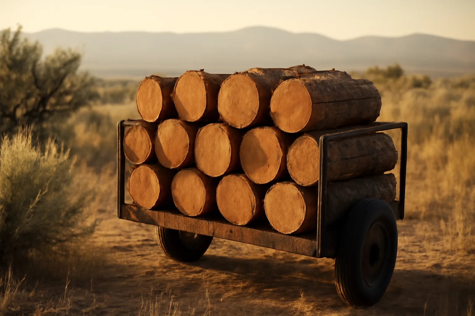 Split ponderosa firewood stacked in a steel kiln cart on a Colorado mesa