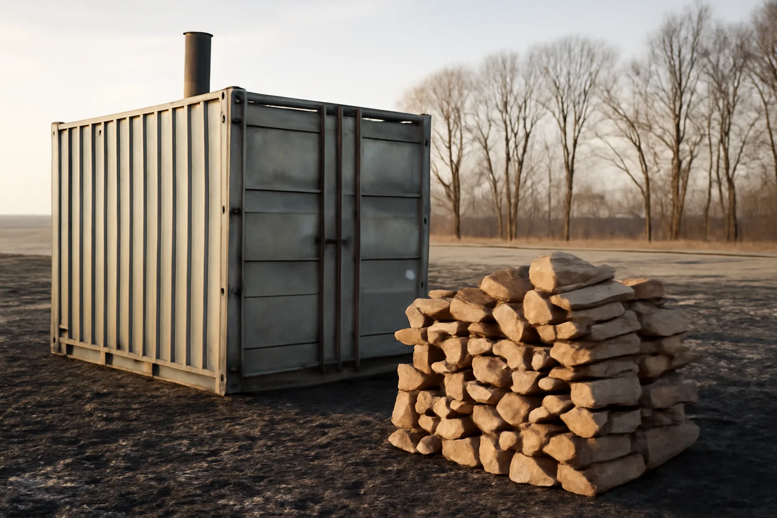 Split oak stacked beside a steel kiln on frozen Iowa ground