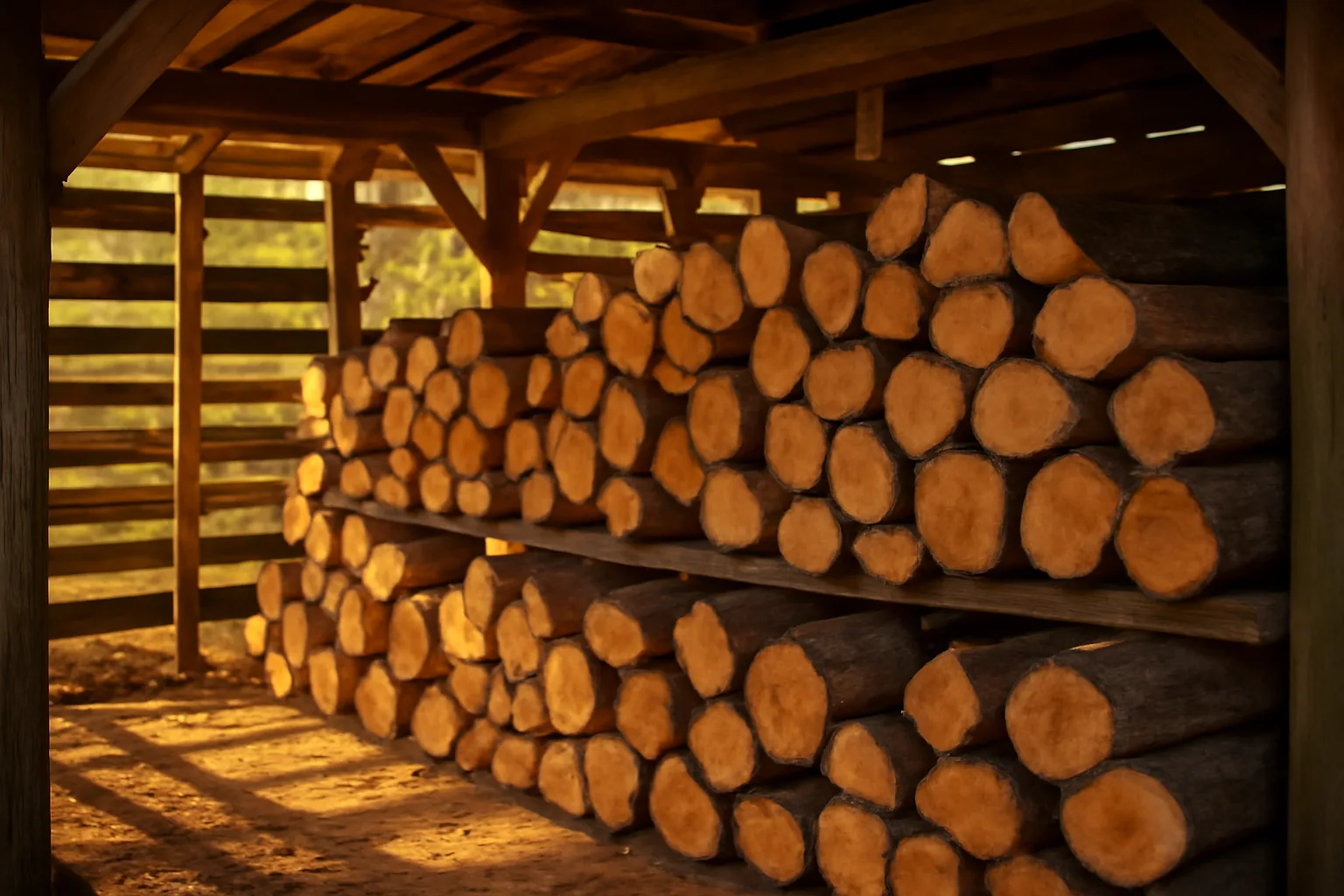 Rows of split oak firewood stacked inside a small kiln shed in rural Alabama