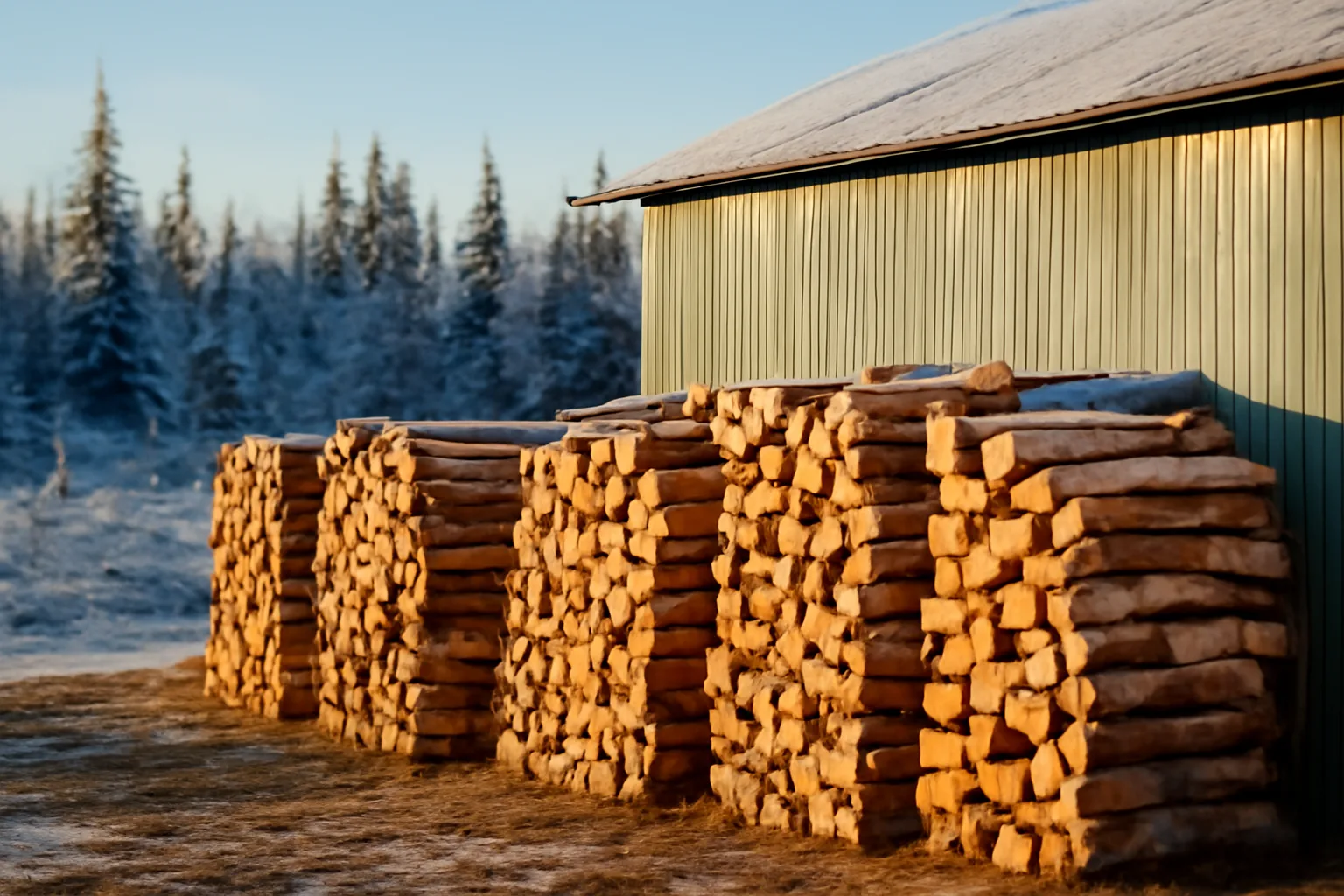 Split birch firewood stacked near a metal kiln building in Alaska autumn light