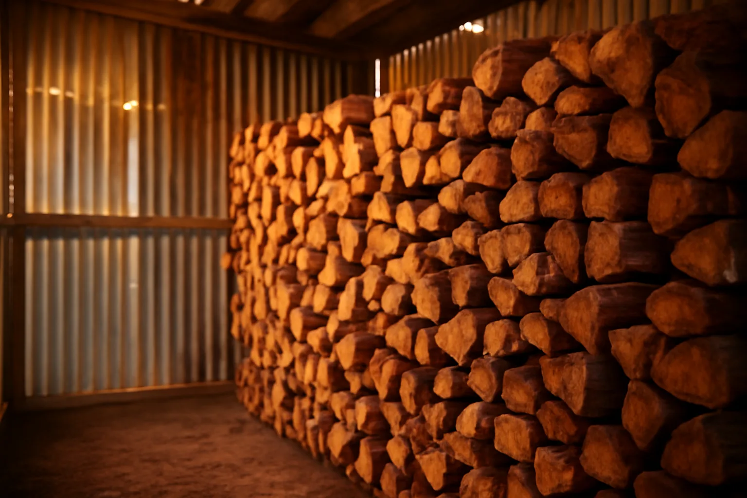 Kiln-dried mesquite firewood stacked inside a rural Arizona kiln shed