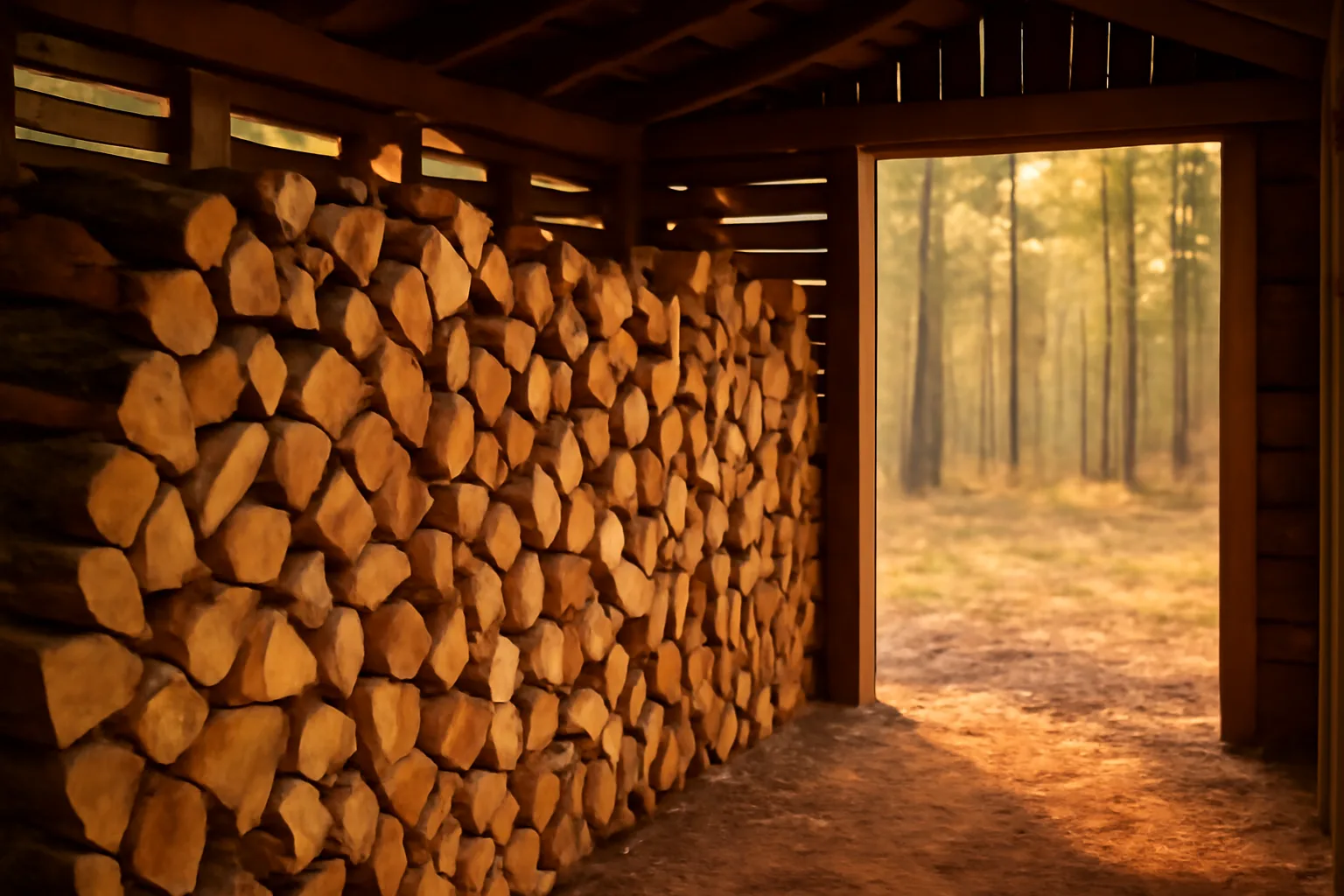 Split oak firewood stacked inside a kiln shed with Arkansas forest visible outside