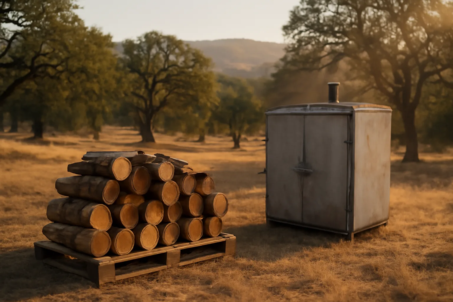 Stacked oak firewood beside a metal kiln in California foothills