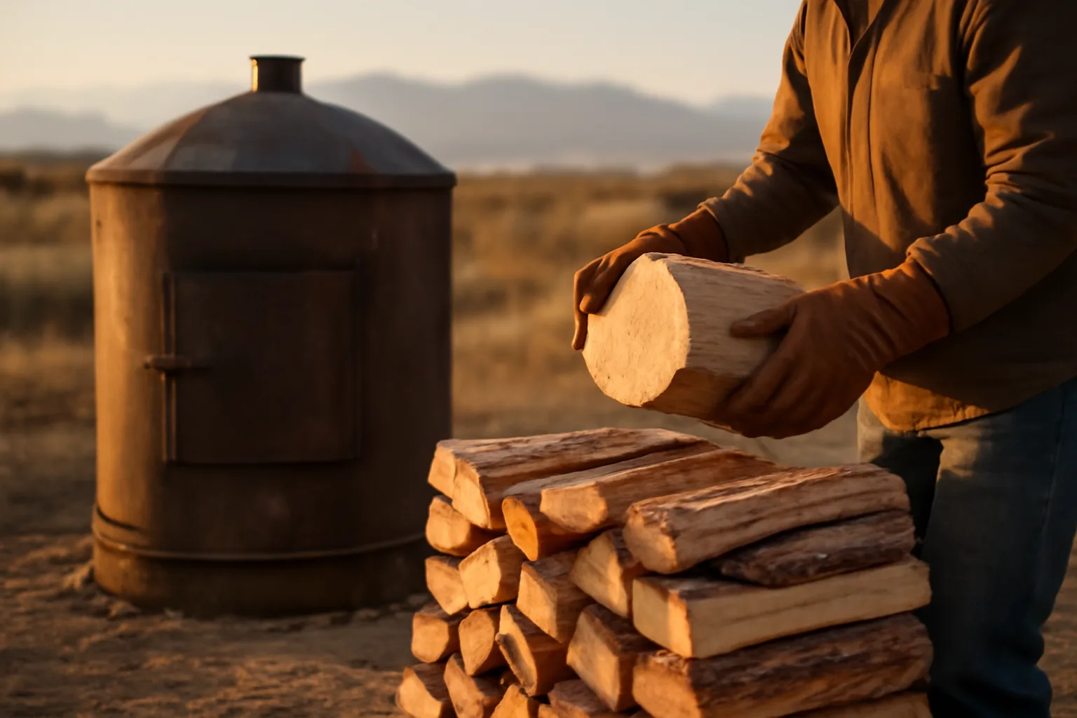 Person inspects split kiln firewood beside a Colorado kiln