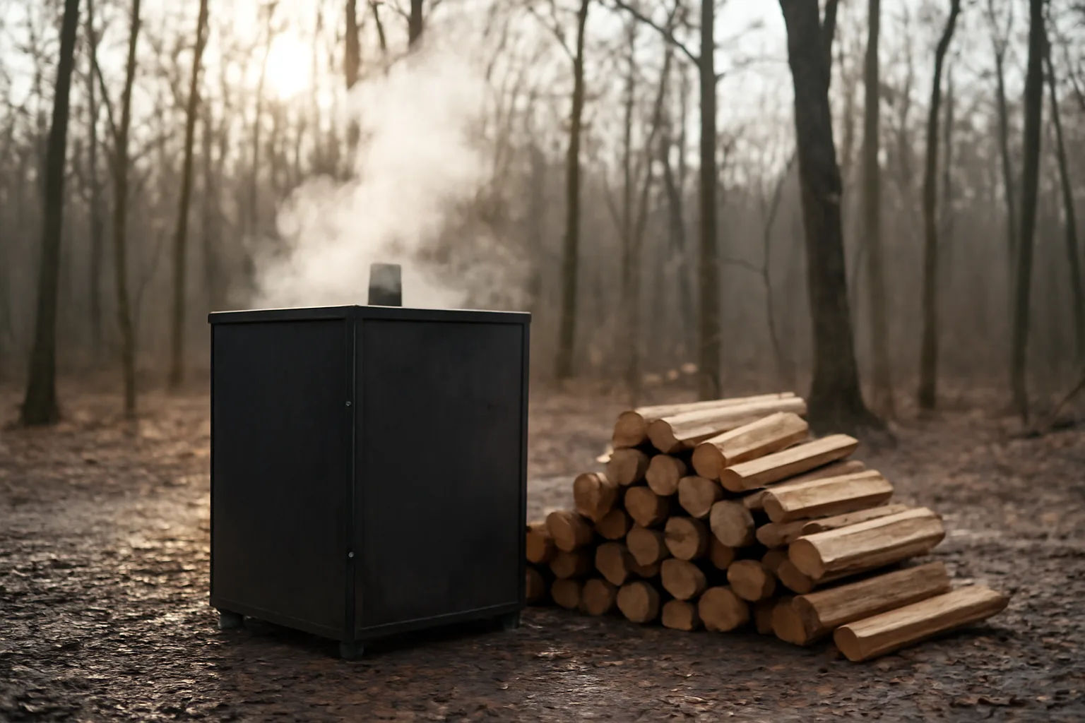 Steel kiln and oak firewood splits in a Connecticut winter woodlot