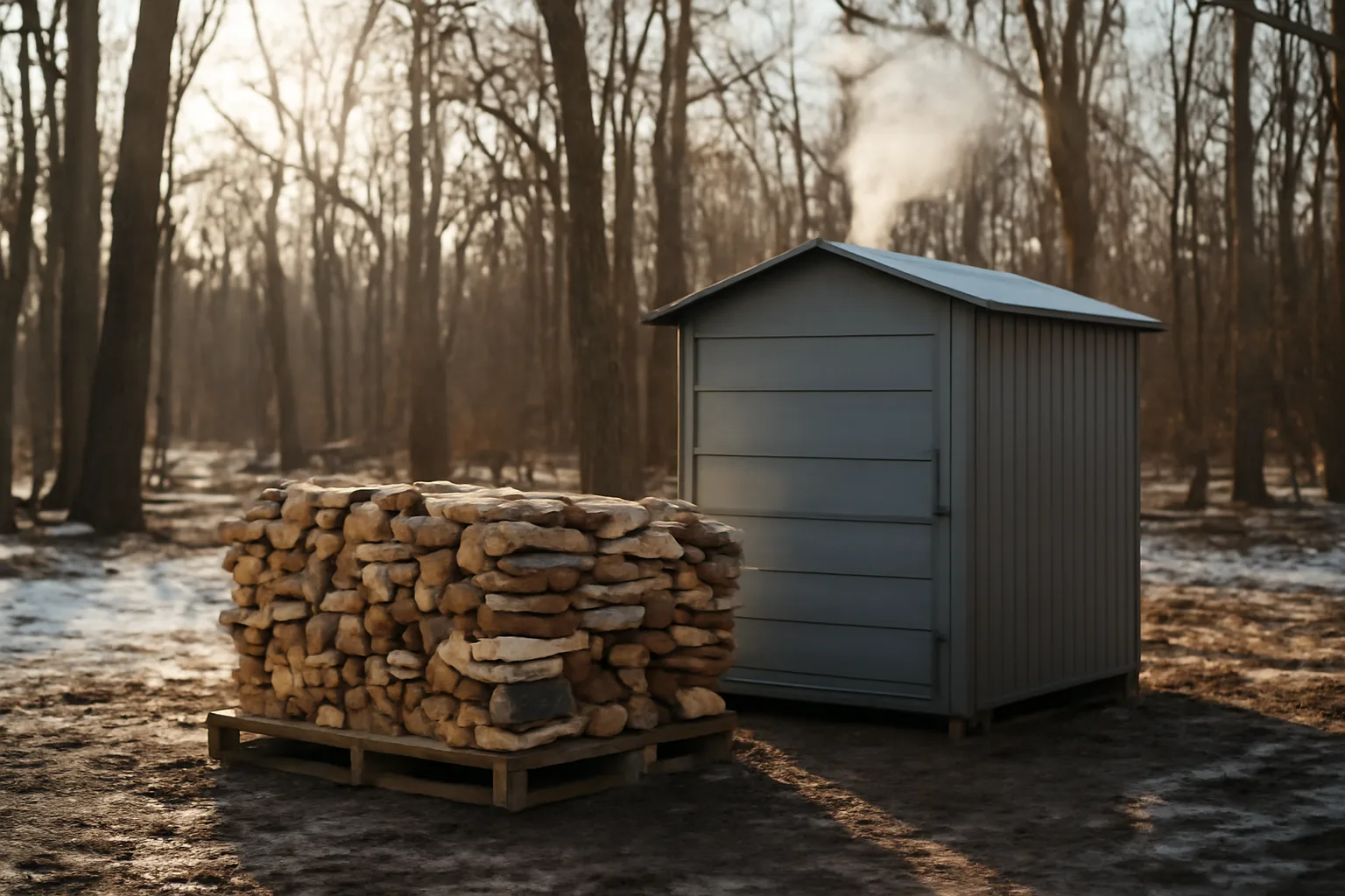 Kiln and stacked firewood on a rural Delaware woodlot in winter