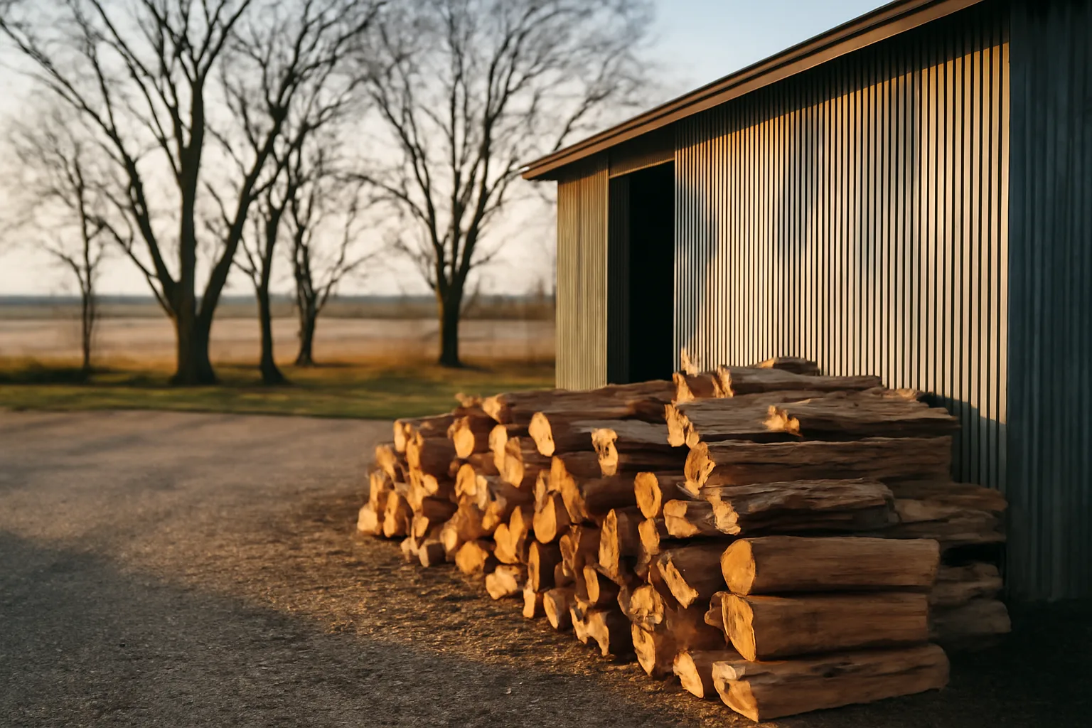 Split hardwood stacked beside a metal kiln shed in rural Iowa
