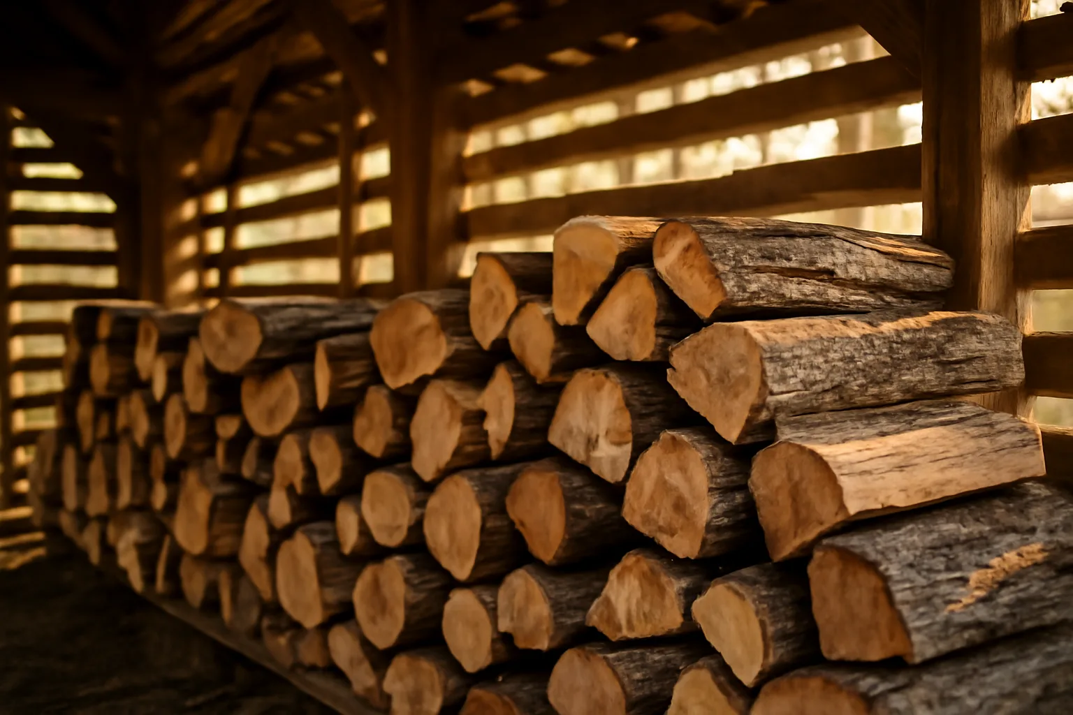 Split oak logs stacked inside a kiln shed for firewood drying in Alabama