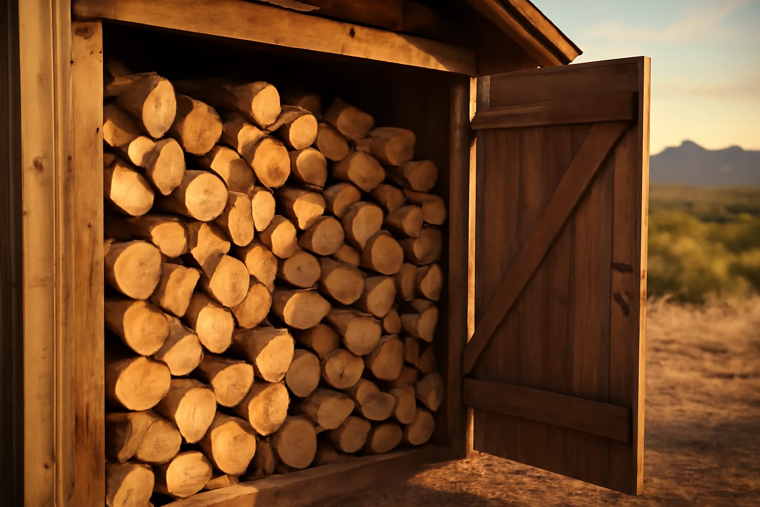 Stacked mesquite firewood inside a kiln in the Arizona desert at golden hour