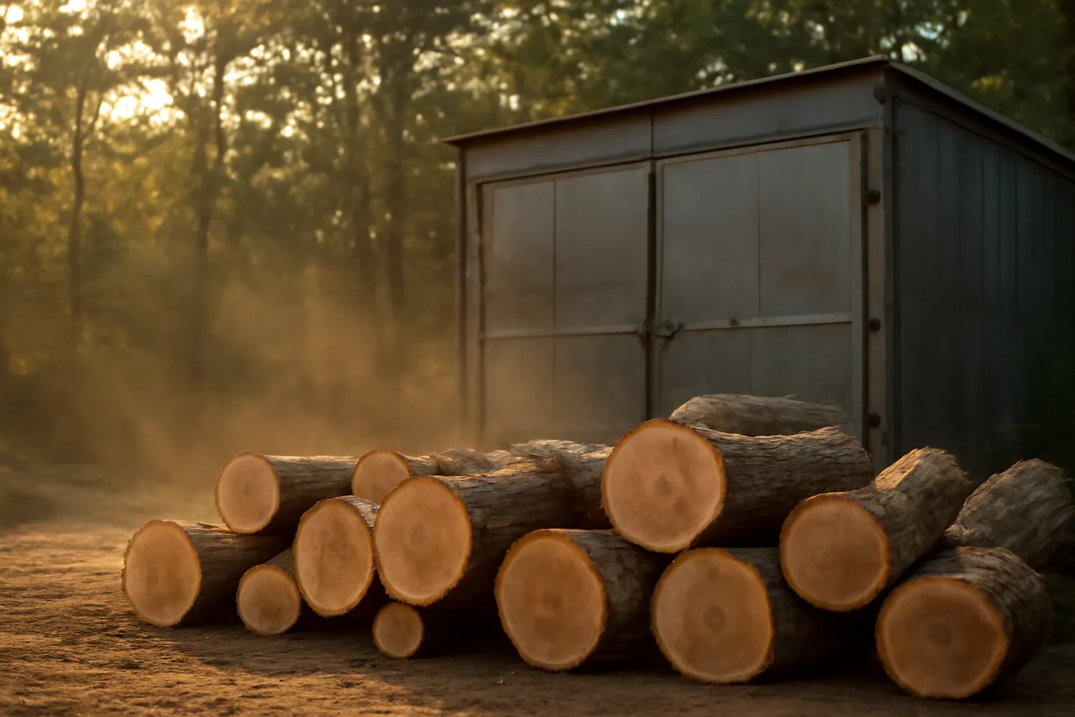 Arkansas kiln firewood stacked beside a steel drying kiln