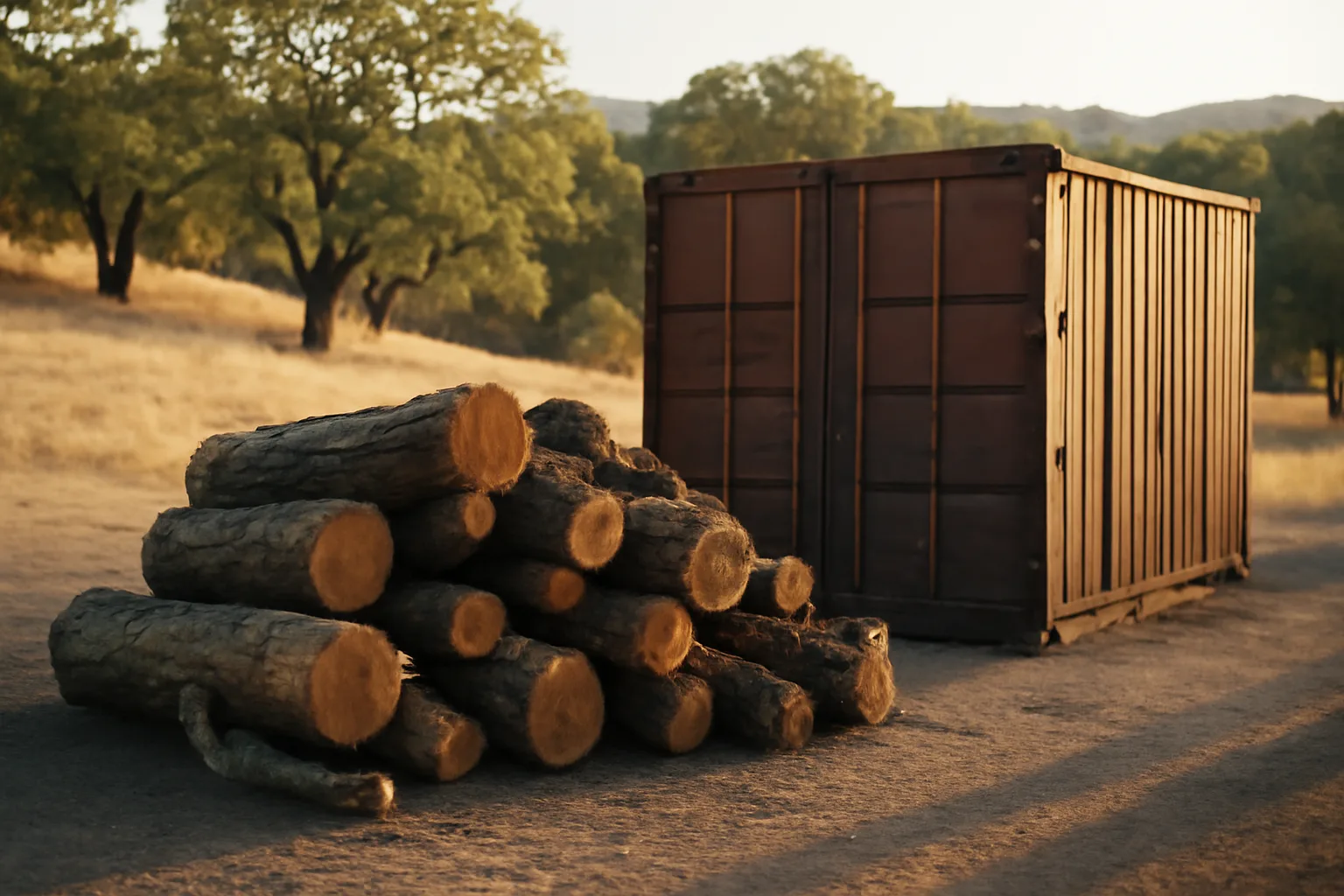Kiln-dried California oak stacked beside a steel firewood kiln