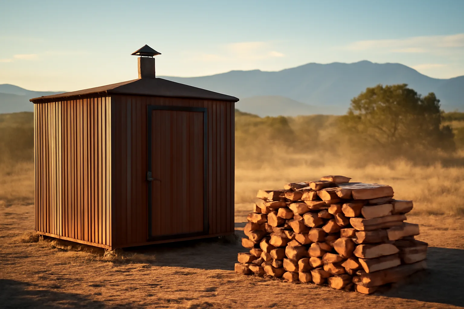 Split pine stacked by a steel kiln on a Colorado foothills lot