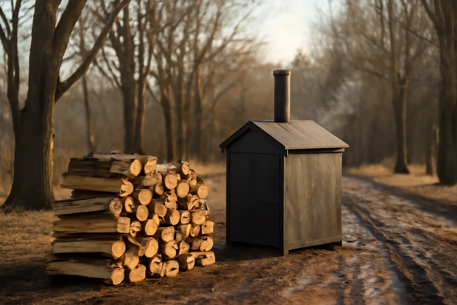 Kiln firewood stacked by a steel kiln in rural Connecticut
