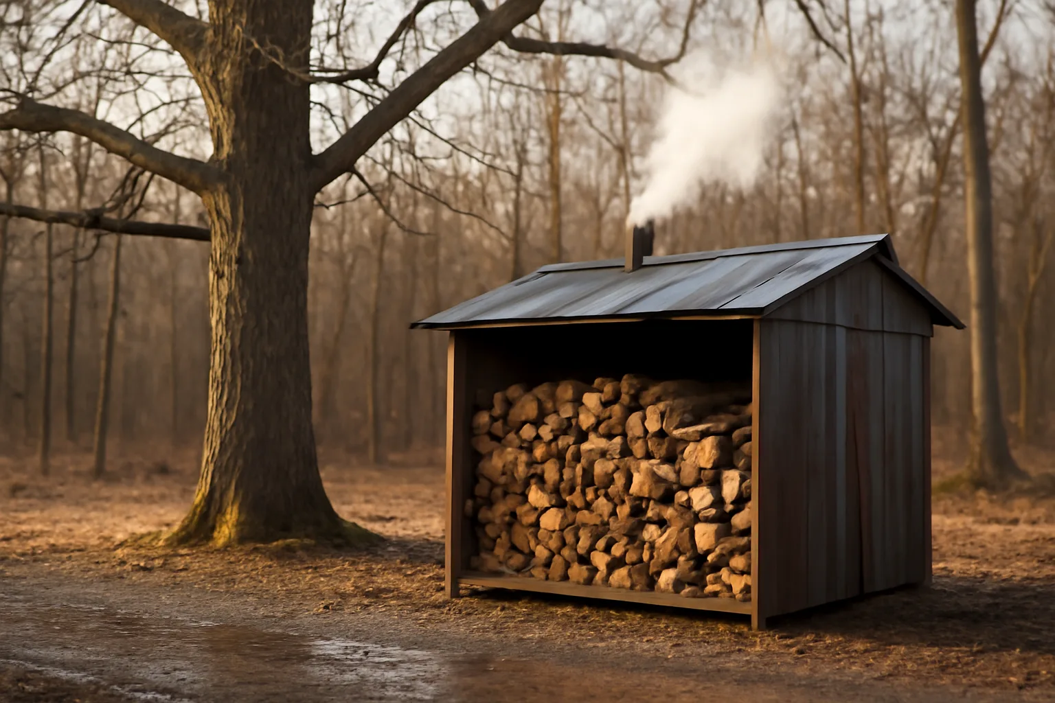 Kiln firewood stacked by a steel kiln on a winter Indiana lot